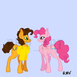 Size: 1024x1024 | Tagged: safe, artist:rmv-art, cheese sandwich, pinkie pie, earth pony, pony, chest fluff, clothes, cutie mark, duo, female, looking at each other, male, mare, shirt, simple background, smiling, stallion, watermark