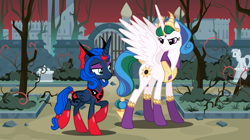 Size: 7373x4143 | Tagged: safe, artist:tsabak, idw, princess celestia, princess luna, alicorn, pony, absurd resolution, duo, evil celestia, evil luna, female, idw showified, mare, statue