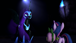 Size: 1920x1080 | Tagged: safe, artist:danj16, derpibooru import, nightmare moon, spike, twilight sparkle, twilight sparkle (alicorn), alicorn, dragon, pony, 3d, friendship, source filmmaker