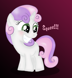 Size: 2400x2600 | Tagged: safe, artist:martybpix, sweetie belle, pony, unicorn, female, filly, gradient background, grin, high res, looking back, smiling, solo, squee