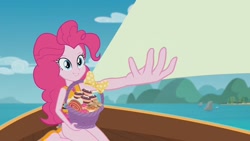 Size: 1632x918 | Tagged: safe, edit, edited screencap, screencap, pinkie pie, equestria girls, equestria girls series, the salty sails, clothes, cupcake, food, ocean, pinkie's basket treasure, sailing, ship, solo, swimsuit, template