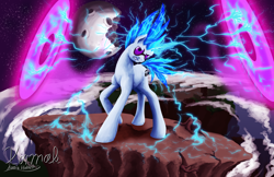 Size: 1600x1035 | Tagged: safe, artist:xormak, dj pon-3, vinyl scratch, pony, unicorn, destructo disk, dragon ball z, dragonball, kienzan, rock, saiyan, super saiyan blue, super saiyan god super saiyan