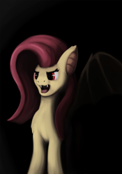 Size: 1050x1500 | Tagged: safe, artist:redquoz, fluttershy, bat pony, vampire, atg 2018, black background, digital painting, drool, fangs, flutterbat, newbie artist training grounds, race swap, red eyes, simple background, solo