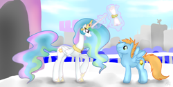 Size: 900x455 | Tagged: safe, artist:aquillic-tiger, princess celestia, oc, oc:harmony star, alicorn, pony, alicorn oc, male, salute, scroll, stallion