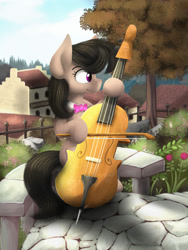 Size: 1500x2000 | Tagged: safe, artist:blackligerth, octavia melody, earth pony, pony, bow (instrument), cello, cello bow, digital art, garden, musical instrument, solo, town