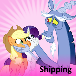 Size: 250x250 | Tagged: safe, derpibooru import, applejack, discord, rarity, earth pony, pony, unicorn, three's a crowd, blue flu, derpibooru, discord the shipper, female, lesbian, lesbian in front of boys, male, meta, now kiss, rarijack, shipping, spoilered image joke