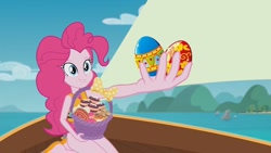 Size: 1387x780 | Tagged: safe, edit, edited screencap, screencap, pinkie pie, equestria girls, equestria girls series, the salty sails, clothes, cupcake, egg, food, ocean, pinkie's basket treasure, sailing, ship, swimsuit