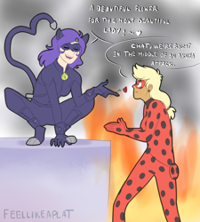 Size: 1024x1136 | Tagged: safe, artist:feellikeaplat, applejack, rarity, human, chat noir, crossover, female, humanized, ladynoir, lesbian, miraculous ladybug, rarijack, shipping