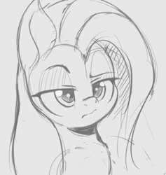 Size: 519x547 | Tagged: safe, artist:tre, fluttershy, pegasus, pony, bust, female, grayscale, lidded eyes, mare, monochrome, sketch, solo, three quarter view, traditional art, unamused