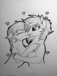 Size: 1224x1632 | Tagged: safe, artist:lupiarts, dj pon-3, octavia melody, vinyl scratch, earth pony, pony, black and white, female, grayscale, heart, kissing, lesbian, mare, monochrome, romance, scratchtavia, shipping