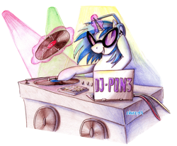 Size: 3091x2550 | Tagged: safe, artist:cihiiro, dj pon-3, vinyl scratch, pony, unicorn, computer, drawing, laptop computer, magic, simple background, solo, telekinesis, traditional art, transparent background