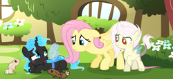 Size: 4585x2105 | Tagged: safe, artist:velveagicsentryyt, fluttershy, oc, oc:chrystallis, oc:destiny, hybrid, pegasus, pony, rabbit, high res, interspecies offspring, offspring, parent:discord, parent:fluttershy, parent:queen chrysalis, parents:discoshy, prone