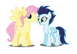 Size: 1024x722 | Tagged: safe, artist:meandmyideas, edit, butterscotch, fluttershy, glide, soarin', pegasus, pony, female, looking at each other, male, rule 63, shipping, simple background, soarinshy, straight, transparent background, vector, wide eyes