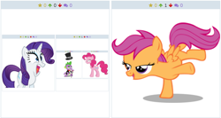 Size: 1022x544 | Tagged: safe, derpibooru import, pinkie pie, rarity, scootaloo, spike, dragon, earth pony, pony, unicorn, derpibooru, exploitable meme, inception, juxtaposition, juxtaposition win, meme, meta