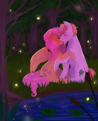 Size: 784x960 | Tagged: safe, artist:spazzyhippie, fluttershy, oc, oc:lucky charm, firefly (insect), pegasus, pony, unicorn, canon x oc, couple, cute, eyes closed, female, first kiss, flucky, forest, grass, kissing, lilypad, male, night, pond, romantic, sitting, straight, tree, water