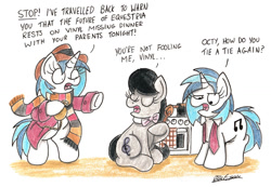 Size: 1024x707 | Tagged: safe, artist:bobthedalek, dj pon-3, octavia melody, vinyl scratch, earth pony, pony, unicorn, doctor who, duality, self ponidox, time travel, tom baker's scarf, traditional art