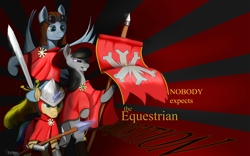 Size: 2500x1562 | Tagged: safe, artist:discordthege, octavia melody, earth pony, pegasus, pony, unicorn, crossover, flag, monty python, spanish inquisition