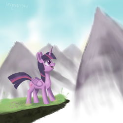 Size: 1700x1700 | Tagged: safe, artist:hypno, derpibooru import, twilight sparkle, twilight sparkle (alicorn), alicorn, pony, mountain, mountain range, solo