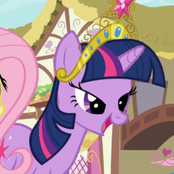Size: 504x504 | Tagged: safe, derpibooru import, screencap, fluttershy, twilight sparkle, unicorn twilight, pegasus, pony, unicorn, magical mystery cure, animated, big crown thingy, blinking, crown, cute, element of magic, female, gif, jewelry, mare, open mouth, regalia, smiling, solo focus, twiabetes
