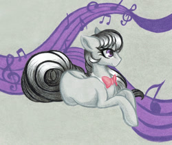 Size: 974x821 | Tagged: safe, artist:emberslament, octavia melody, earth pony, pony, bowtie, female, mare, music notes, prismacolors, prone, solo, traditional art