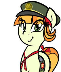 Size: 1280x1507 | Tagged: safe, artist:furrgroup, tag-a-long, pony, clothes, female, filly, filly guides, hat, looking at you, merit badge, necktie, simple background, smiling, solo, tail bow, vest, white background