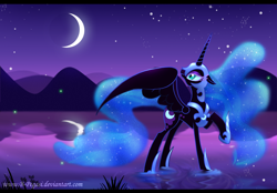 Size: 1360x945 | Tagged: safe, artist:b-pegasi, nightmare moon, alicorn, pony, female, looking back, mare, moon, night, reflection, solo, stars, water