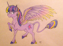 Size: 1280x938 | Tagged: safe, artist:ambergerr, derpibooru import, twilight sparkle, twilight sparkle (alicorn), alicorn, classical unicorn, pony, cloven hooves, leonine tail, rainbow power, solo, traditional art, unshorn fetlocks