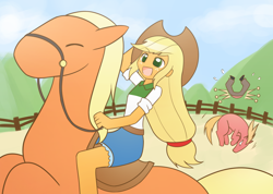 Size: 1512x1075 | Tagged: safe, artist:howxu, applejack, big macintosh, oc, oc:generic messy hair anime anon, horse, equestria girls, clothes, commission, cowboy hat, denim skirt, freckles, hat, humans riding horses, lonestar, rearing, reins, riding, scenery, skirt, solo, stetson