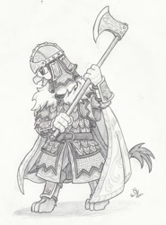 Size: 770x1038 | Tagged: safe, artist:sensko, griffon, armor, axe, battle axe, bipedal, cape, clothes, crystal empire, grayscale, monochrome, pencil drawing, simple background, sketch, solo, traditional art, varangian, war axe, weapon, white background