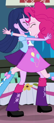 Size: 252x570 | Tagged: safe, derpibooru import, screencap, pinkie pie, twilight sparkle, equestria girls, rainbow rocks, shake your tail, boots, clothes, cropped, high heel boots, skirt
