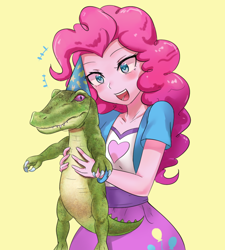Size: 800x889 | Tagged: safe, artist:tzc, gummy, pinkie pie, alligator, equestria girls, blushing, clothes, cute, female, happy, hat, male, open mouth, party hat, pet, realistic, simple background, skirt, yellow background
