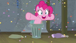 Size: 1920x1080 | Tagged: safe, screencap, pinkie pie, earth pony, pony, horse play, confetti, female, happy, mare, pinkie being pinkie, trash can