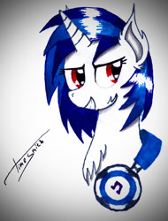 Size: 1156x1520 | Tagged: safe, artist:asktimesmith, dj pon-3, vinyl scratch, pony, unicorn, grin, headphones, smiling, solo, traditional art