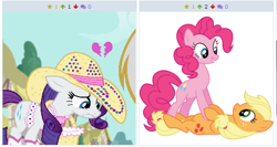 Size: 518x275 | Tagged: safe, derpibooru import, applejack, pinkie pie, rarity, earth pony, pony, unicorn, simple ways, derpibooru, exploitable meme, juxtaposition, juxtaposition win, meme, meta, rhinestone rarihick