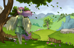 Size: 1024x666 | Tagged: safe, artist:joan-grace, fluttershy, anthro, pegasus, unguligrade anthro, clothes, female, mare, outdoors, scenery, smiling, tree, under the tree