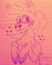 Size: 1024x1280 | Tagged: safe, artist:eleamorbid, pinkie pie, earth pony, pony, chest fluff, cloven hooves, female, heart, lined paper, looking sideways, mare, sketch, solo, tongue out, traditional art