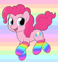 Size: 3797x4000 | Tagged: safe, artist:moozua, derpibooru exclusive, pinkie pie, earth pony, pony, blushing, chibi, clothes, color porn, cute, diapinkes, moozua is trying to murder us, rainbow, rainbow background, rainbow socks, sockies, socks, solo, striped socks