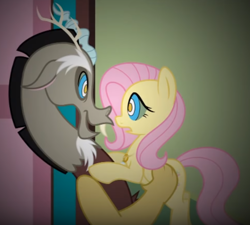 Size: 816x733 | Tagged: safe, artist:nstone53, discord, fluttershy, draconequus, pegasus, pony, fanfic:bride of discord, bad end, bad quality, female, implied shipping, kaa eyes, male, mind control, open mouth, swirly eyes, this will end in drama, this will end in jail time, this will not end well, youtube link