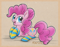 Size: 800x622 | Tagged: safe, artist:karzii, pinkie pie, earth pony, pony, clothes, female, happy, mare, open mouth, socks, solo, striped socks, traditional art