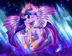 Size: 900x696 | Tagged: safe, artist:toxicstarstudio, derpibooru import, twilight sparkle, twilight sparkle (alicorn), alicorn, pony, glowing horn, jewelry, regalia, solo, starry eyes, watermark, wingding eyes