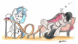 Size: 2240x1265 | Tagged: safe, artist:bobthedalek, dj pon-3, octavia melody, vinyl scratch, earth pony, pony, unicorn, eyes closed, female, hot wheels, mare, open mouth, simple background, sleeping, this will end in pain, tongue out, toy car, traditional art, white background, zzz