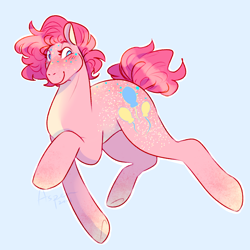 Size: 2000x2000 | Tagged: safe, artist:artistwave, pinkie pie, earth pony, pony, alternate hairstyle, blushing, coat markings, cutie mark, dappled, female, freckles, looking sideways, mare, redesign, simple background, smiling, solo