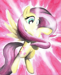 Size: 1024x1251 | Tagged: safe, artist:astevenamedwolf, fluttershy, pegasus, pony, element of kindness, female, glow, mare, scene interpretation, smiling, solo, traditional art