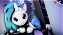 Size: 1920x1079 | Tagged: safe, artist:doge4ce, dj pon-3, vinyl scratch, pony, unicorn, 3d, camera, glasses, headphones, portal gun, recording, solo, source filmmaker, turntable