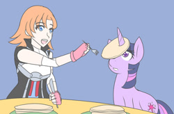 Size: 600x394 | Tagged: safe, artist:jonfawkes, derpibooru import, twilight sparkle, twilight sparkle (alicorn), alicorn, human, pony, castle sweet castle, food, horn impalement, i'm pancake, nora valkyrie, pancakes, rwby