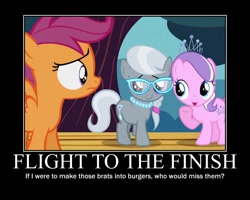 Size: 750x600 | Tagged: safe, diamond tiara, scootaloo, silver spoon, flight to the finish, abuse, meta, motivational poster, silverbuse, spoonabuse, tiarabuse