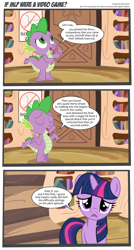 Size: 2208x4105 | Tagged: safe, artist:perfectblue97, derpibooru import, spike, twilight sparkle, dragon, bookshelf, comic, dialogue, library, video game