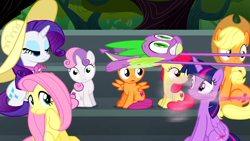 Size: 1280x720 | Tagged: safe, derpibooru import, screencap, apple bloom, applejack, fluttershy, rarity, scootaloo, spike, sweetie belle, twilight sparkle, twilight sparkle (alicorn), alicorn, dragon, earth pony, pegasus, pony, unicorn, newbie dash, cutie mark, cutie mark crusaders, female, filly, great moments in animation, the cmc's cutie marks