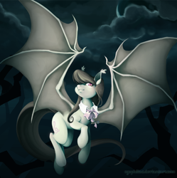 Size: 900x902 | Tagged: safe, artist:egophiliac, octavia melody, bat pony, pony, flying, majestic, night, race swap, solo