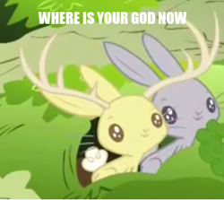 Size: 356x318 | Tagged: safe, screencap, rabbit, filli vanilli, animal, duo, image macro, jackalope, meme, meta, reaction image, where is your god now?